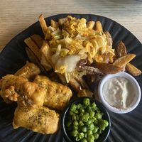 Tofu fish & chips w kimchi fries  at Greens & Co in Galway