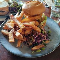 Delicious and HUGE vish burger with side salad at Greens & Co in Galway