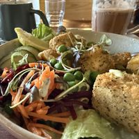 Vish bowl, hot chocolate, corn soup   at Greens & Co in Galway
