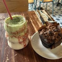 Strawberry matcha latte & Chocolate chip banana muffin   at Greens & Co in Galway