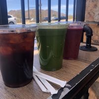 Cold brew, green goodness, berry smoothie  at Natural Sisters Cafe in Joshua Tree