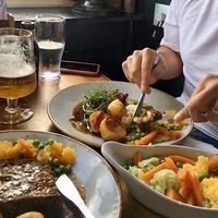 Pier House Lentil & Thyme Nut Roast with seasonal veg, roast or new potatoes &
wild mushroom jus. at The Pier House in St Austell