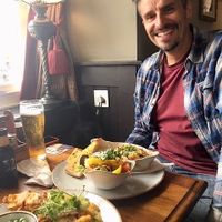Vegan battered banana blossom 'Vish n chips' with mushy pea tartar sauce and peas. Aubergine, Spinach & Red Pepper Lasagne,
House salad & rosemary garlic bread. at The Pier House in St Austell