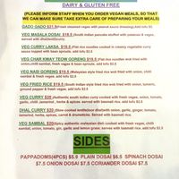 Vegan menu  at Upesh Kitchen in Wellington