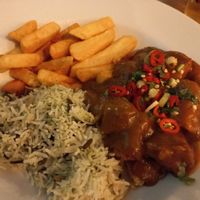 Vegan katsu curry with rice and chips at The Swan & Mitre in Bromley