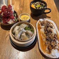 Green tofu sticks, dumplings and rice cake with mushrooms   at Vegan House - Alaunstraße in Dresden