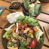 Bowl mit Pilzen, Süßkartoffel und Reis. Dazu ein paar Sommerrollen.  at Vegan House - Alaunstraße in Dresden