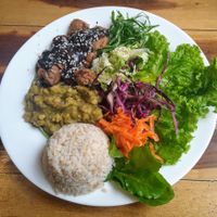 Soya teriyaki and British style mushy peas at Vegostices in Recife