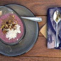 Red smoothie bowl at Aló in Mexico City