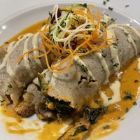 Spinach and Mushroom Crepes  at Melange Eatery in Medford