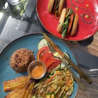 Gallo pinto and vegan bagel  at Boca2 in Monteverde