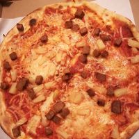 Vegan Hawaii pizza with "pea meat" at Don Pepe in Budapest