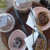 Peanut butter and choco smoothie, peanut butter brownie, banana bread loaf, (non-vegan cinnamon bun) at Manara Arts & Culture in Amman