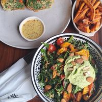 Big v-gan salad nad wrap with sweet potato fries at Manara Arts & Culture in Amman