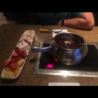 Dark chocolate vegan dessert fondue. Came with Daiya cheesecake, fruit and vegan marshmallows (not pictured). Also can get vegan hard pretzels  at The Melting Pot in King Of Prussia