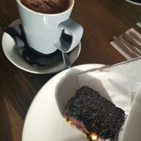 70% dark hot chocolate with soya milk - pistachio and chocolate slice  at The Weaving Shed in Bradford-on-avon