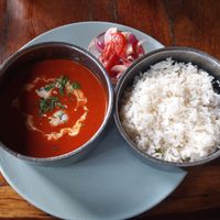 Chickpea curry with coconut milk, and side rice at Wapalapam in Le Morne
