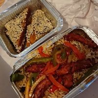 Sesame prawn toasts (nice) and what's meant to be crispy chilli beef (mediocre) at Woo Tan Scran - Cloud Kitchen in Liverpool