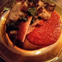 Daily special: cauliflower steak with salsa verde, sweet pepper sauce & mashed potatoes at Ganzerik in Ghent