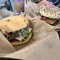 Melvie has Just Egg, Plant based patty and house made cream cheese. If you make it garden you get the micro greens, onion, avocado and cucumbers. So good!!  at Cedar Street Bagel Company in Camas