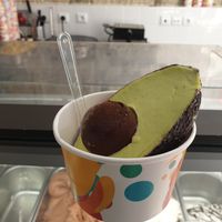 Avocado vegan ice cream in real shell at Gelatopia in Porto