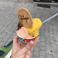 A medium.  Three scoops.  Guava, mango, chocolate. Delicious! at Gelatopia in Porto