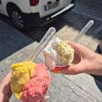 Mango and strawberry and coconut and pineapple mint at Gelatopia in Porto