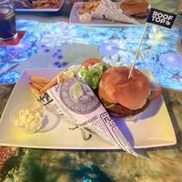 The burger was listed as veggie burger but the waiter explained it was 100% vegan, the mayo that came with the chips was vegan as well. It was overall a tasty burger.   at Lost World Restaurant in Lanzarote