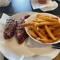 Vegan tenders with BBQ sauce and fries  at Trend Urban Cafe in Stone Mountain