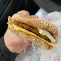 “Sausage” and tofu breakfast sandwich. Reminded me of a mcD’s breakfast. Really yummy. at Odd Burger in Toronto