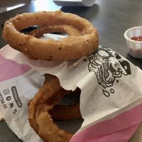 Tempura battered onion rings  at Odd Burger in Toronto