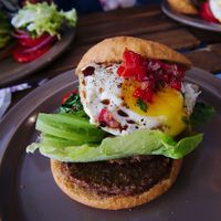 Vegetarian burger featuring a fried egg. at Yeungsang's Kitchen - 영상총각의키친 in Seoul