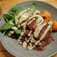 Vegan Buddy bowl with quinoa, lentils, onions, falafel, sweet potatoes at Menssana in Barcelona
