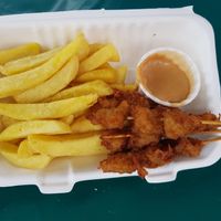 Satay sticks, chips and peanut sauce at There's No Catch in Guisborough