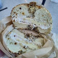 Everything bagel with cashew cream cheese and JustEgg at Belle's Bagels in Los Angeles