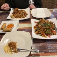 Vegan egg rolls, vegan pad Thai, vegan drunken noodles and cold Thai coffee with boba not shown. It was ok and service was great   at Papaya Bay in Banning