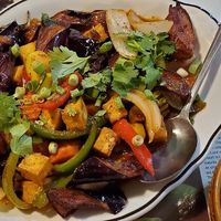 Spicy egg plant with tofu and brown rice mix at Papaya Bay in Banning