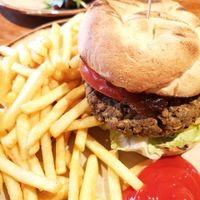 Lentil burger with chips at Cross Guns in Bradford-on-avon