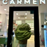 Pistachio & chestnut ice cream on a vegan cone   at Carmen Gelato in Bergamo