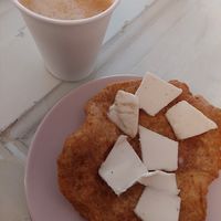 vegan wholegrain mekitsa with vegan cashew cheese delishu at Mekitsa and Coffee - Мекица и Кафе in Sofia