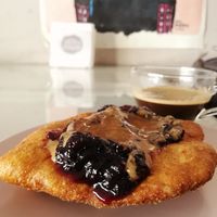 Mekitsa with peanut butter and blueberry jam at Mekitsa and Coffee - Мекица и Кафе in Sofia