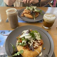 vegan soy mince flatbread, iced cappuccino and vegan smoothie  at Estrella in Thessaloniki
