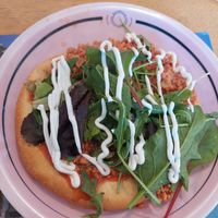 vegan Flatbread with soy mince and vegan sour cream at Estrella in Thessaloniki