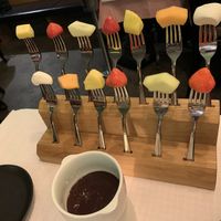 Vegan chocolate fondue with fruit (marshmallows for my non-vegan husband)  at Walliser Keller in Zurich