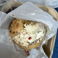 Toasted whole wheat bagel with vegan veggie cc  at Seaford Bagels in Seaford