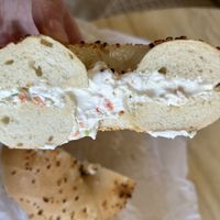 Onion toasted bagel with vegan veggie cream cheese  at Seaford Bagels in Seaford