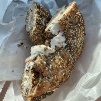 everything flagel with vegetable non dairy cream cheese and have  at Higbie Bagels in West Islip