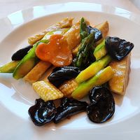 Wok fried mock chicken and asparagus at Disneyland - Crystal Lotus in Outlying Islands