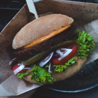 Close up on the “Forky’s burger" at Forky's - Milady Horákové in Prague