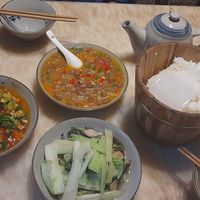 We ordered 3 dishes and rice and tea was brought over to the table when we sat down. at Jue Yuan SuShi in Guiyang